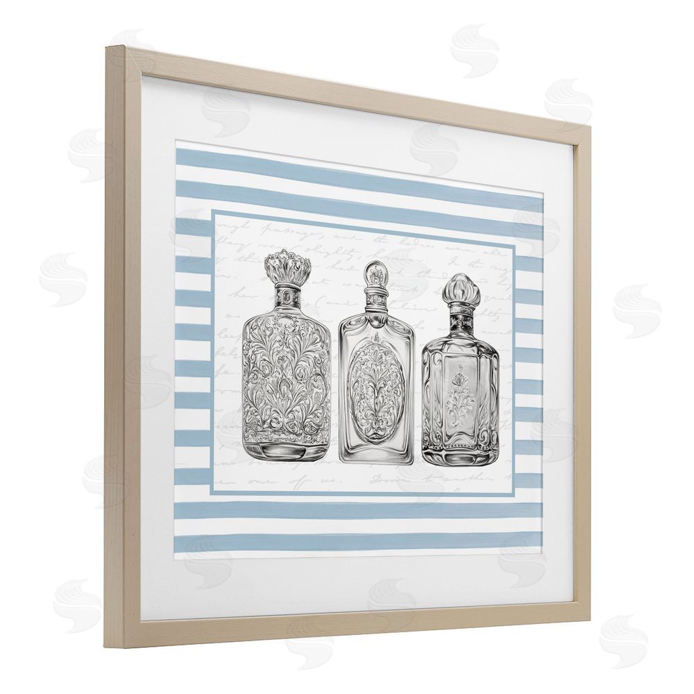 Lettered and Lined Ornate Bottles on Blue Stripes Birch Framed Print Under Glass Art