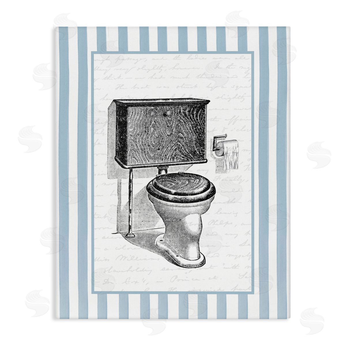 Lettered and Lined Vintage Toilet Blue Stripes Canvas Wall Art Print