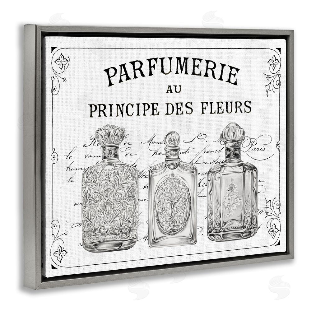 Lettered and Lined Vintage French Perfumery Gray Floating Frame Canvas Art Print