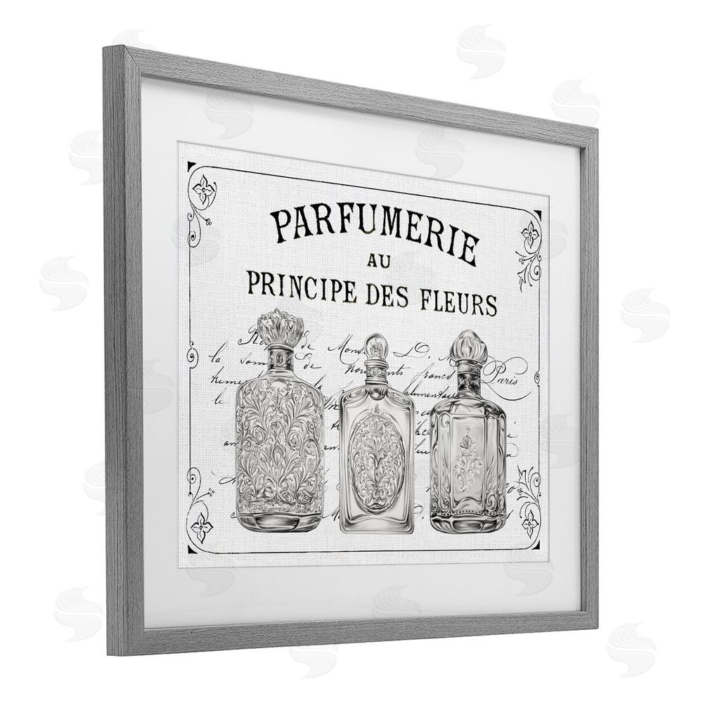 Lettered and Lined Vintage French Perfumery Gray Framed Print Under Glass Art