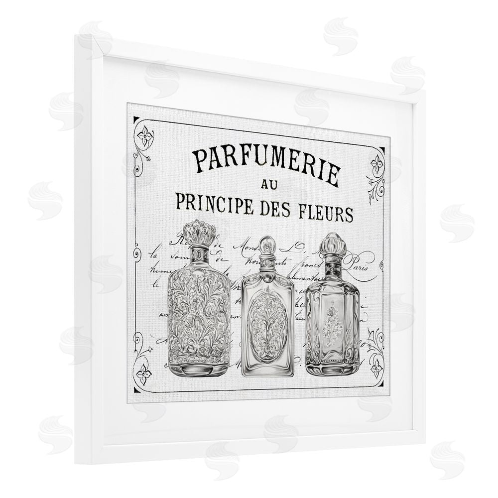 Lettered and Lined Vintage French Perfumery White Framed Print Under Glass Art