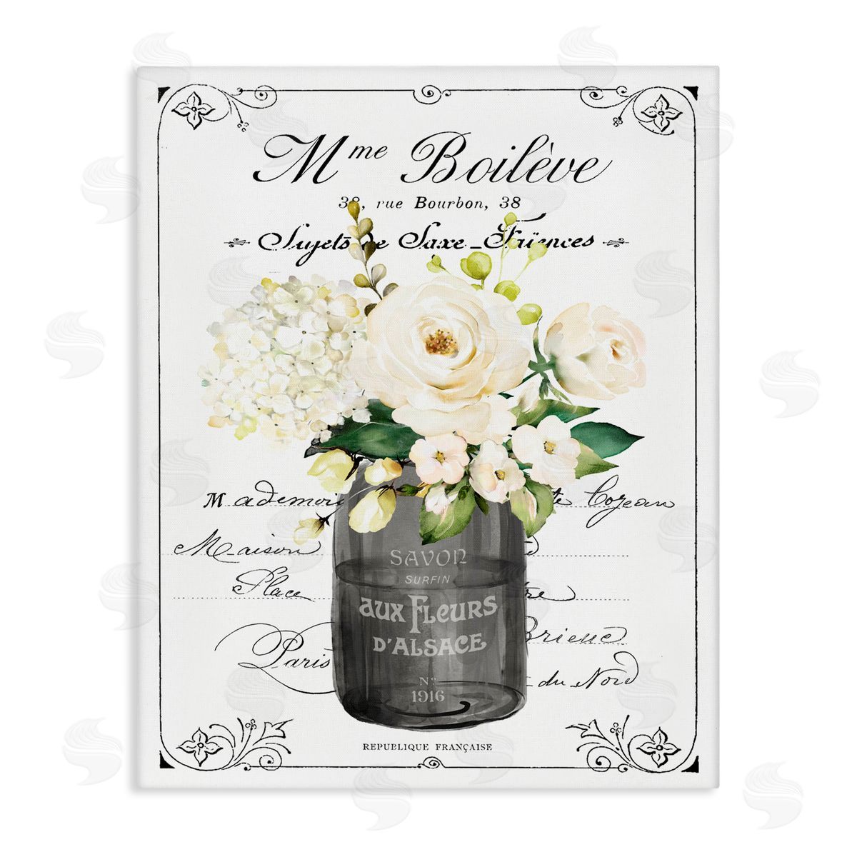 Lettered and Lined French Vintage Flowers with Script Canvas Wall Art Print