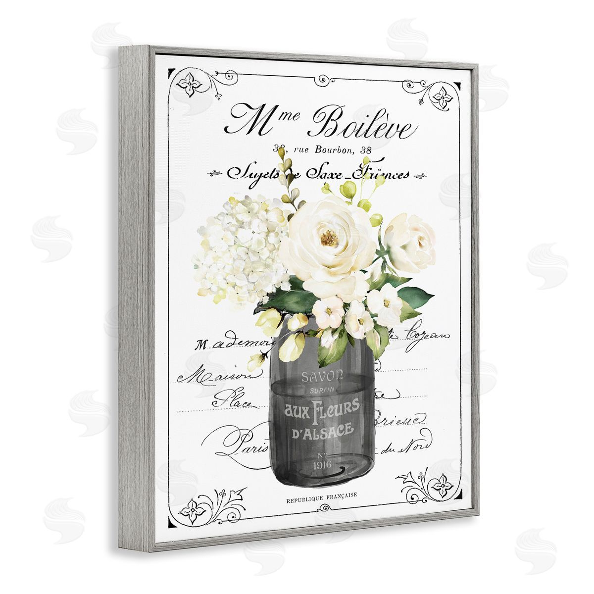 Lettered and Lined French Vintage Flowers with Script Canvas Wall Art Print