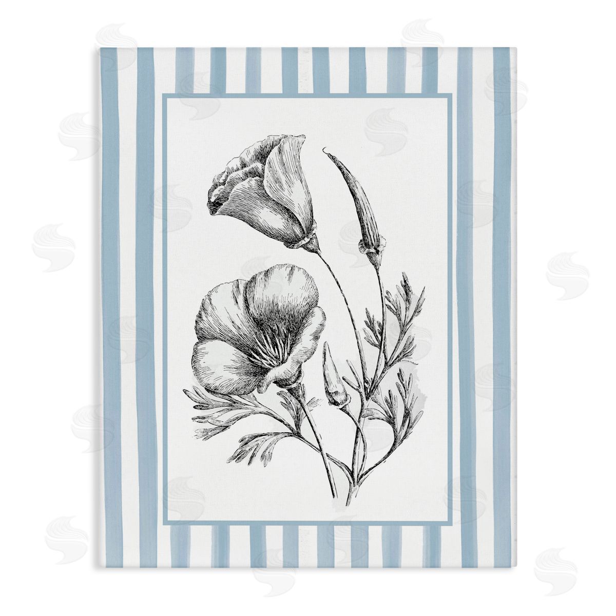 Lettered and Lined Blossoming Flowers on Stripes Canvas Wall Art Print