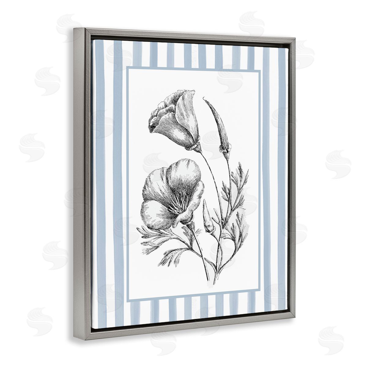 Lettered and Lined Blossoming Flowers on Stripes Canvas Wall Art Print