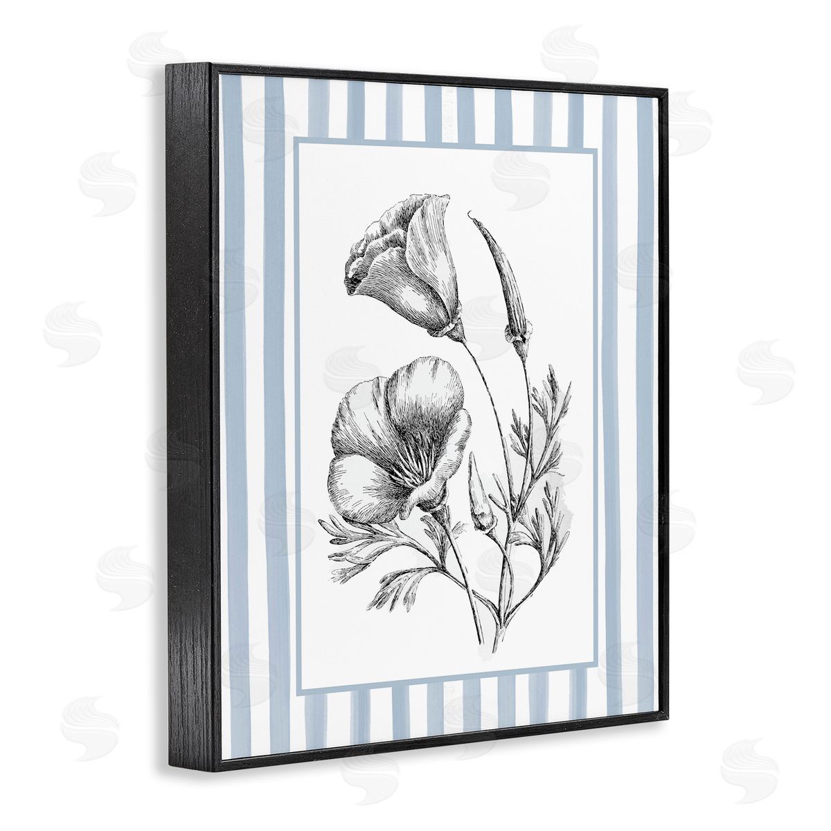 Lettered and Lined Blossoming Flowers on Stripes Canvas Wall Art Print