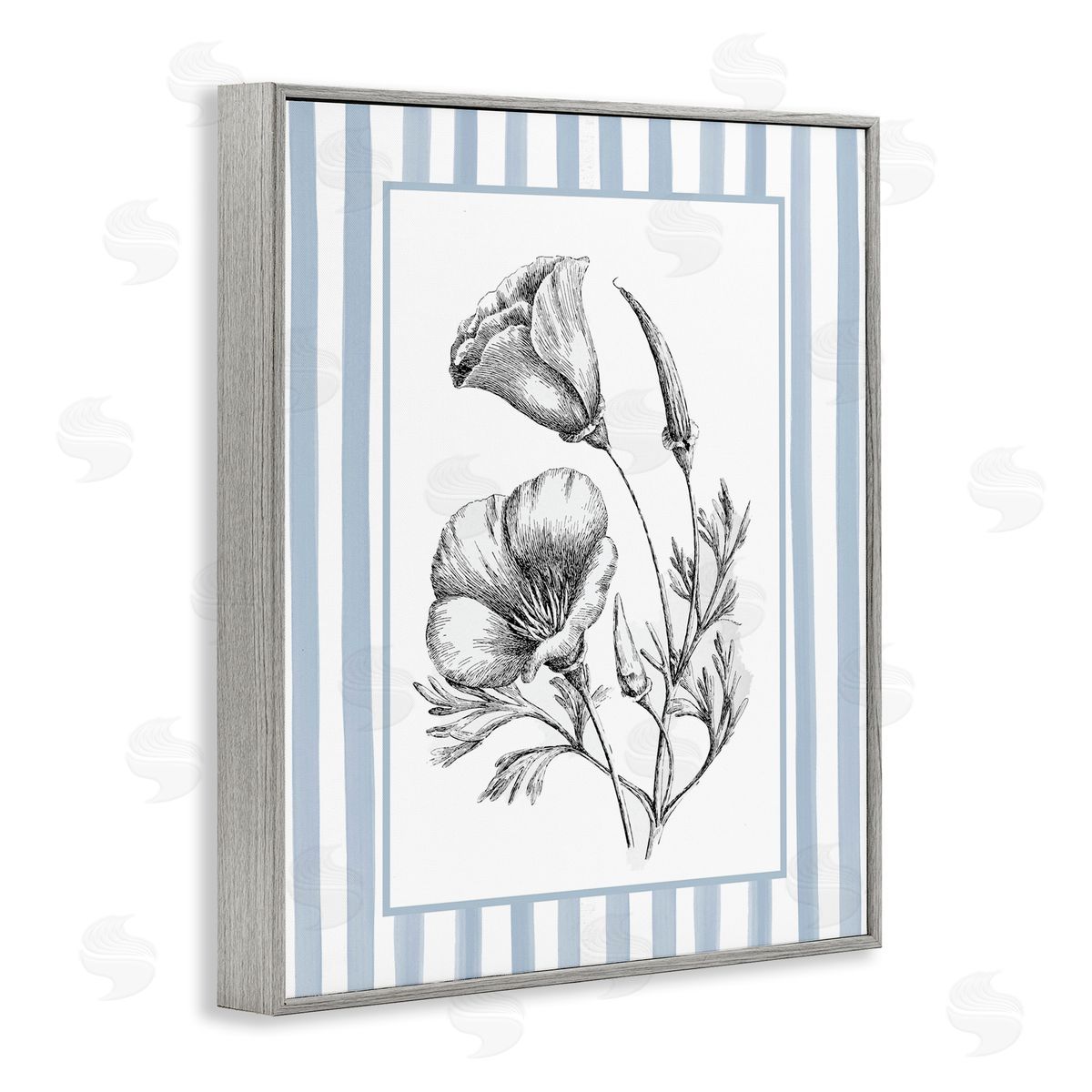 Lettered and Lined Blossoming Flowers on Stripes Canvas Wall Art Print