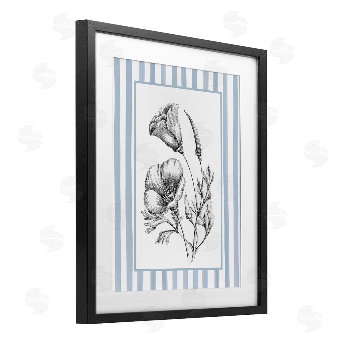 Lettered and Lined Blossoming Flowers on Stripes Canvas Wall Art Print