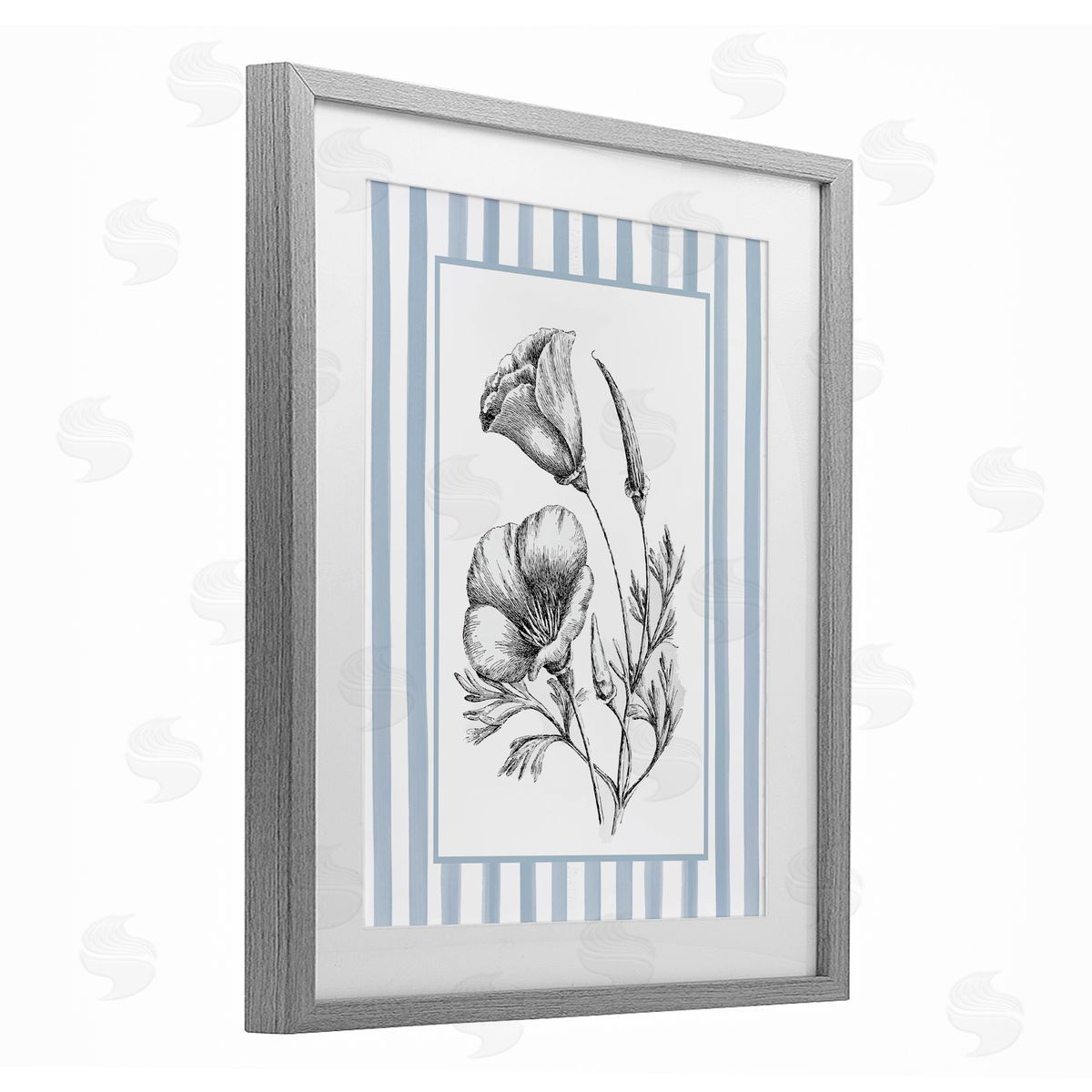 Lettered and Lined Blossoming Flowers on Stripes Canvas Wall Art Print