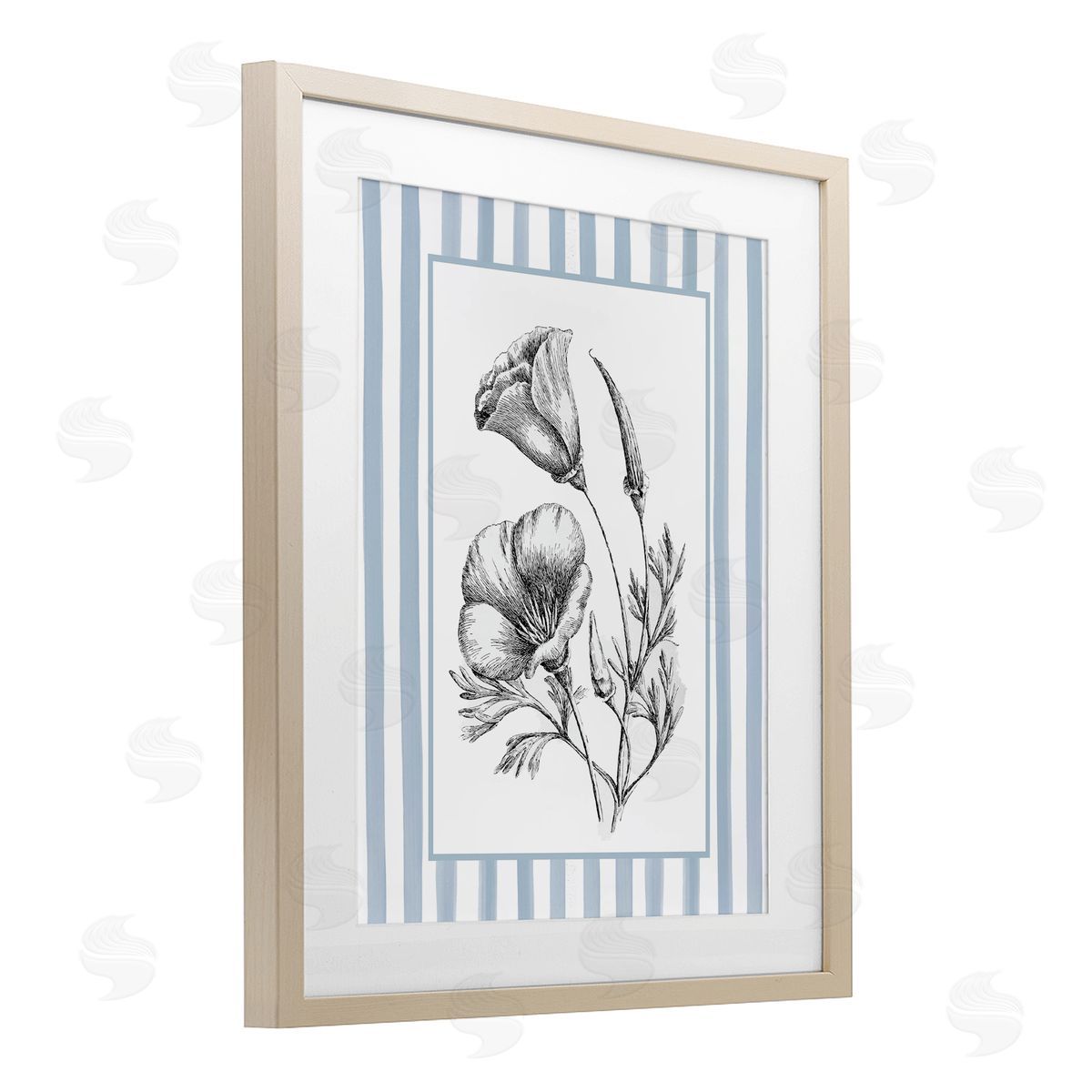 Lettered and Lined Blossoming Flowers on Stripes Canvas Wall Art Print