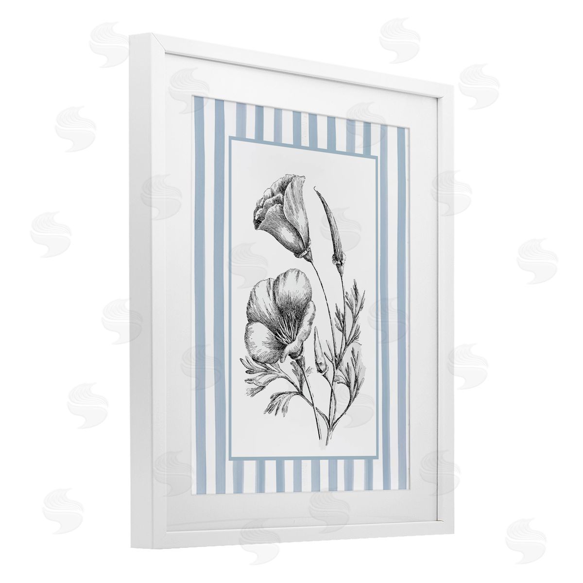 Lettered and Lined Blossoming Flowers on Stripes Canvas Wall Art Print