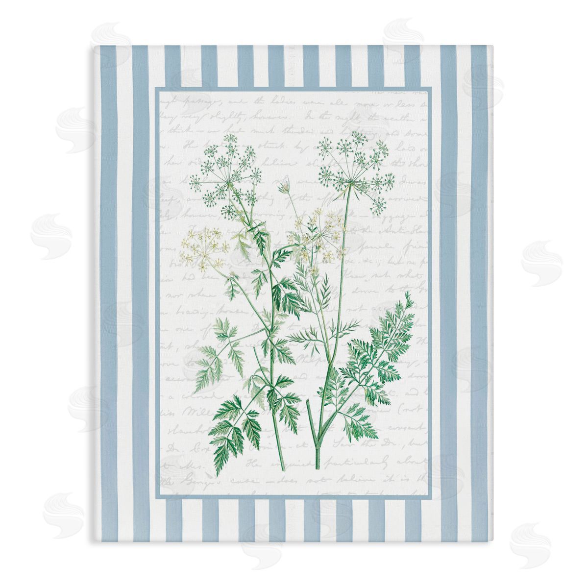 Lettered and Lined Wild Herbs on Blue Stripes Canvas Wall Art Print
