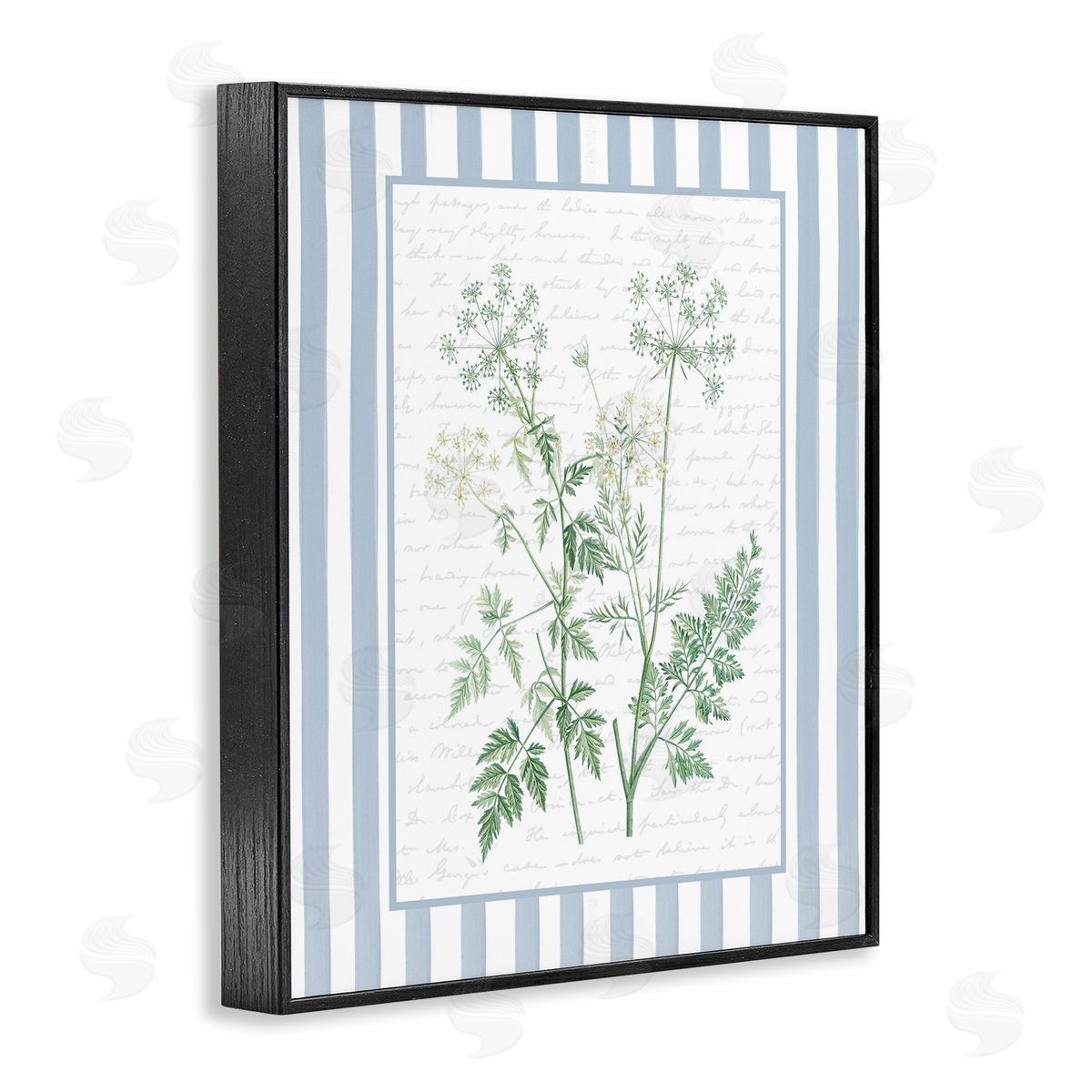 Lettered and Lined Wild Herbs on Blue Stripes Canvas Wall Art Print