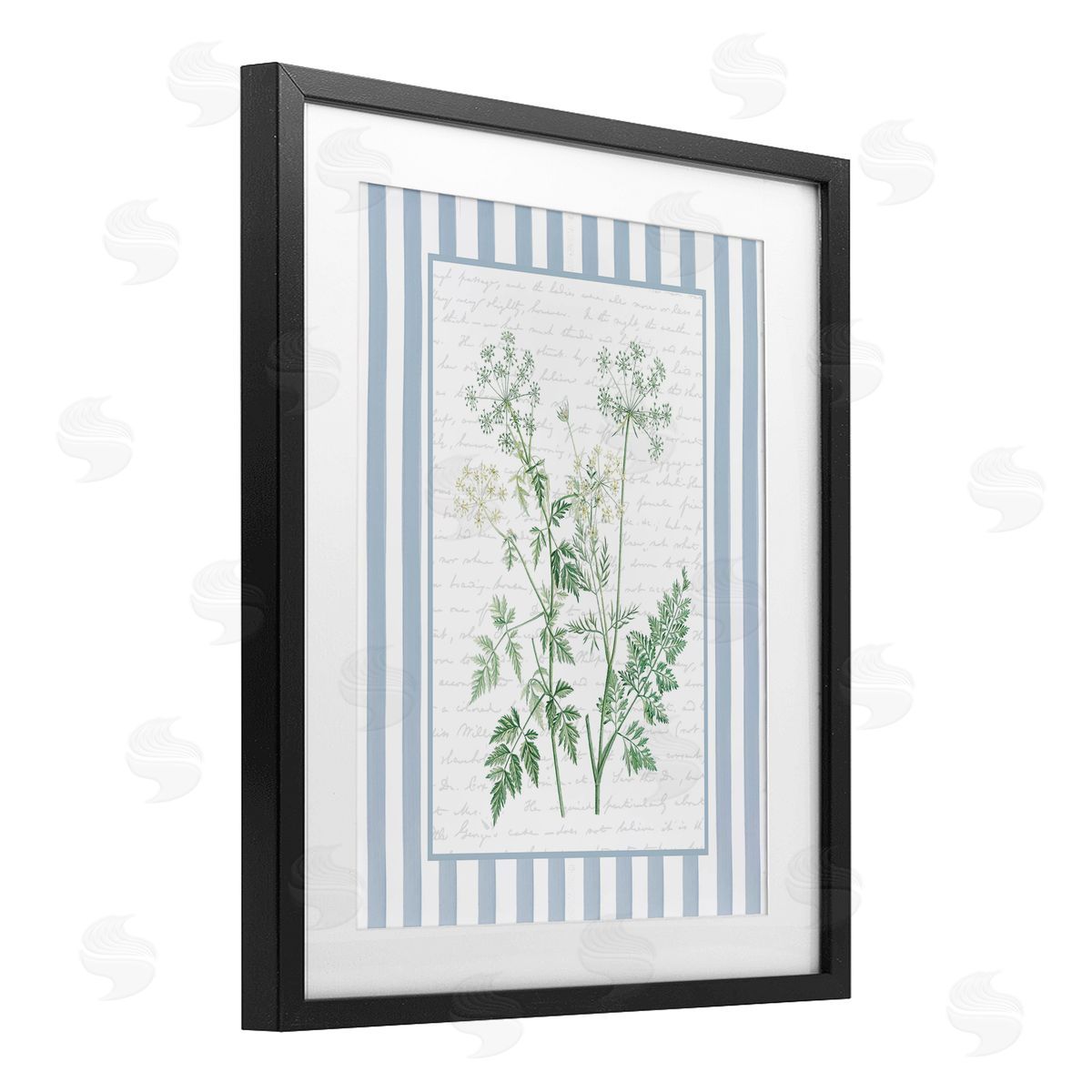 Lettered and Lined Wild Herbs on Blue Stripes Canvas Wall Art Print