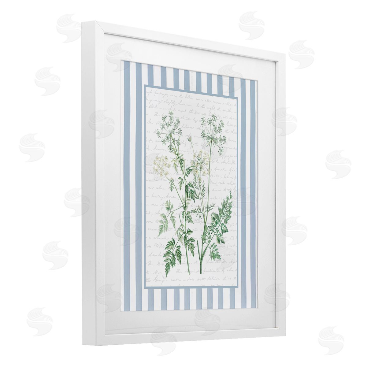 Lettered and Lined Wild Herbs on Blue Stripes Canvas Wall Art Print