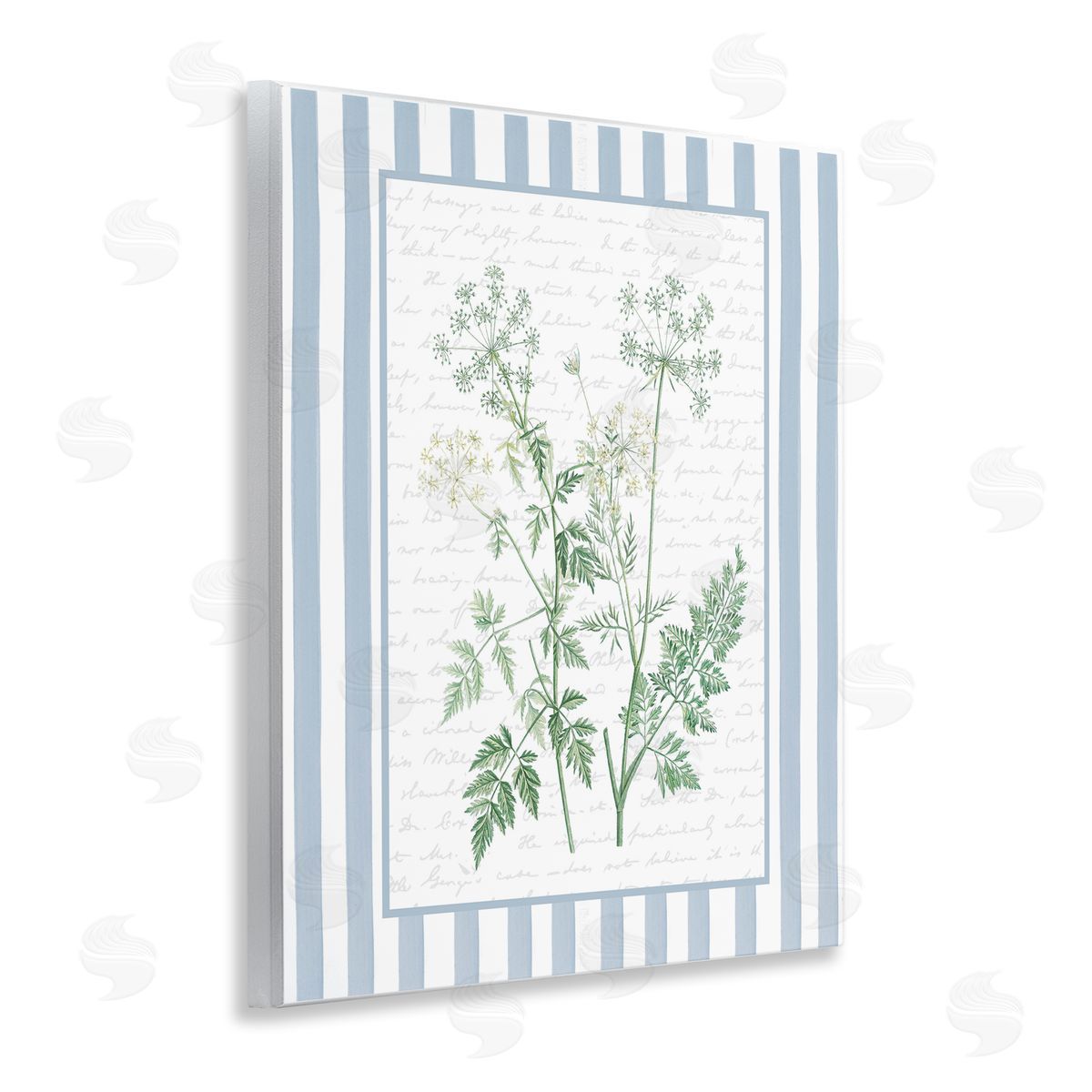 Lettered and Lined Wild Herbs on Blue Stripes Canvas Wall Art Print
