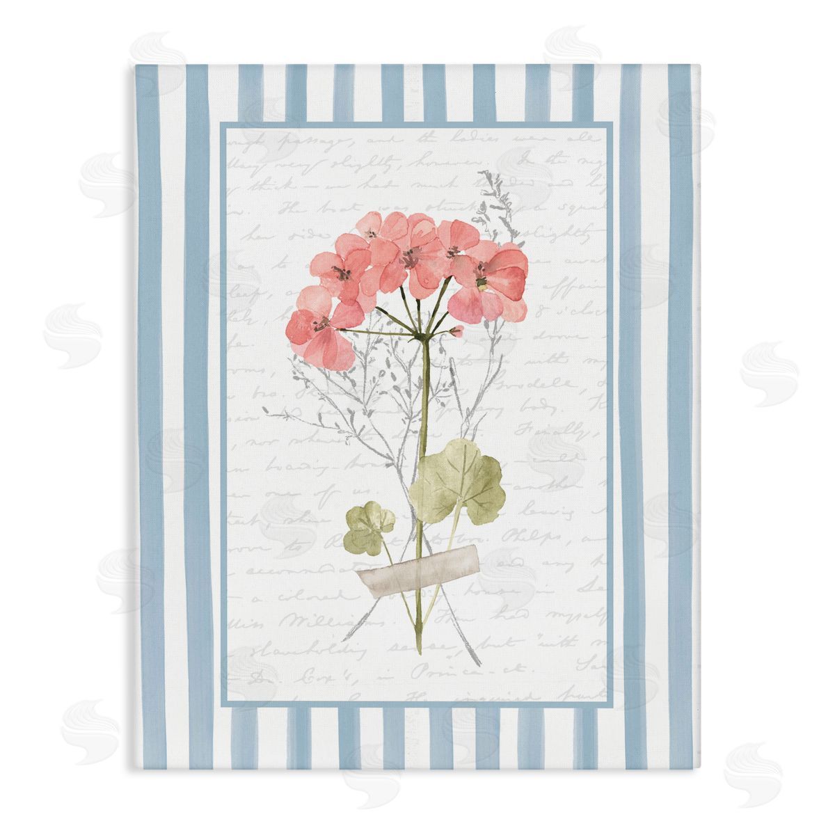 Lettered and Lined Herbs Sketch on Blue Stripes Canvas Wall Art Print