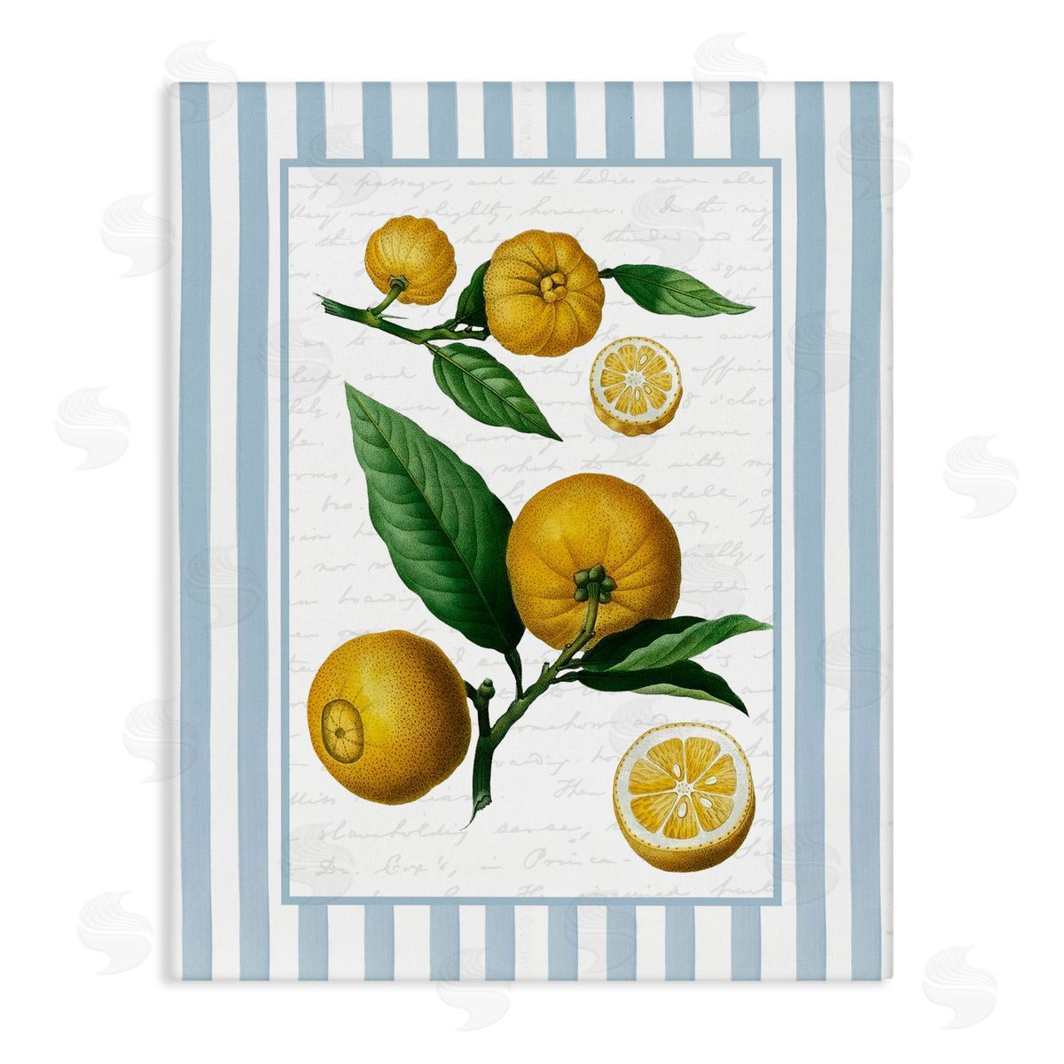 Lettered and Lined Vintage Lemons Blue Stripes Canvas Wall Art Print