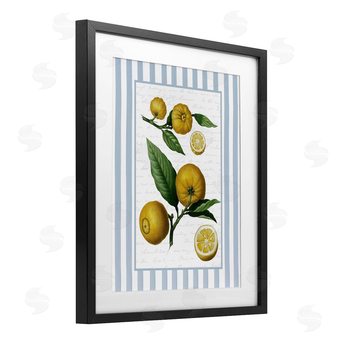 Lettered and Lined Vintage Lemons Blue Stripes Canvas Wall Art Print
