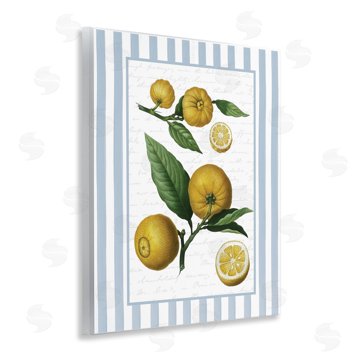 Lettered and Lined Vintage Lemons Blue Stripes Canvas Wall Art Print