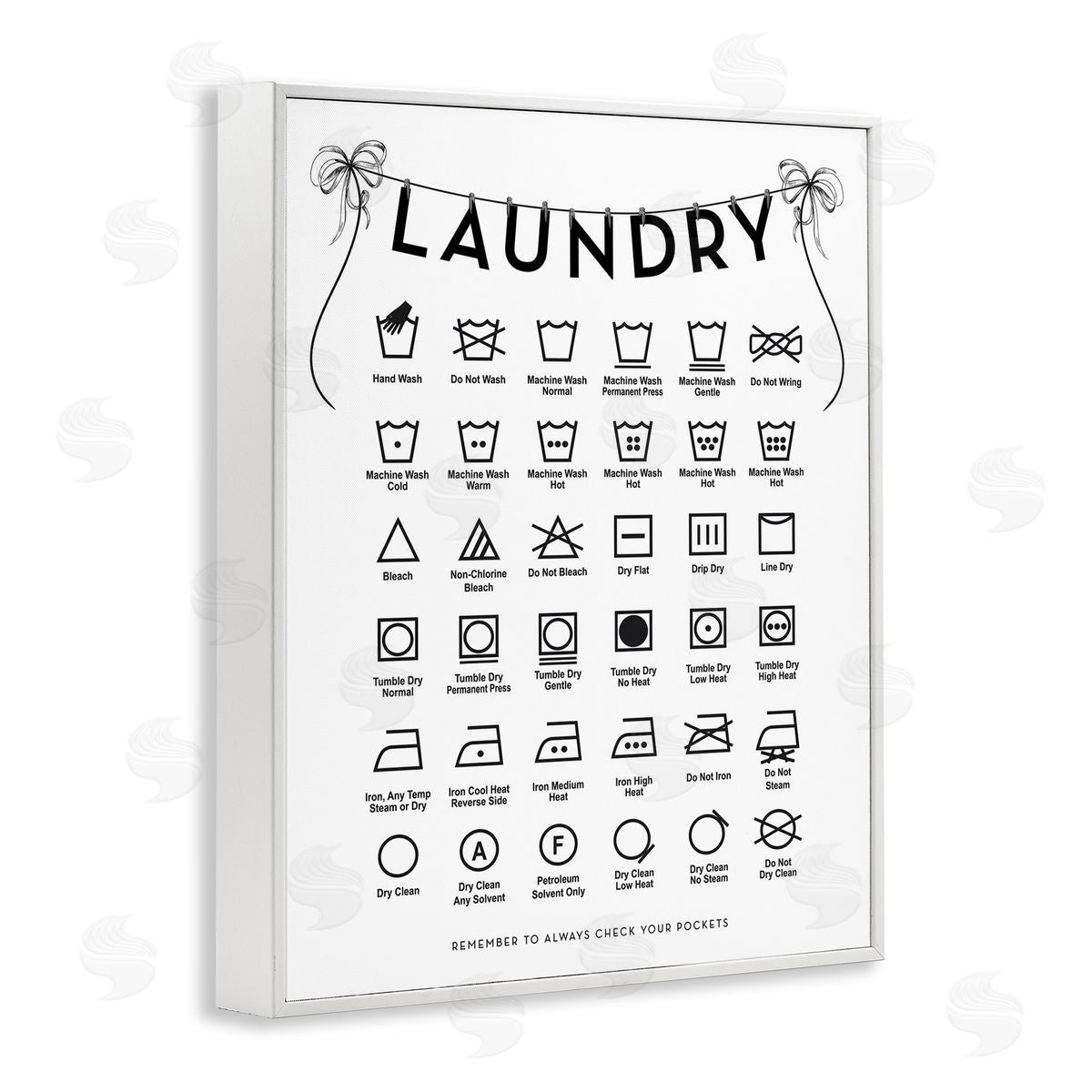 Lettered and Lined Laundry Symbols with Vintage Ribbons Canvas Wall Art Print