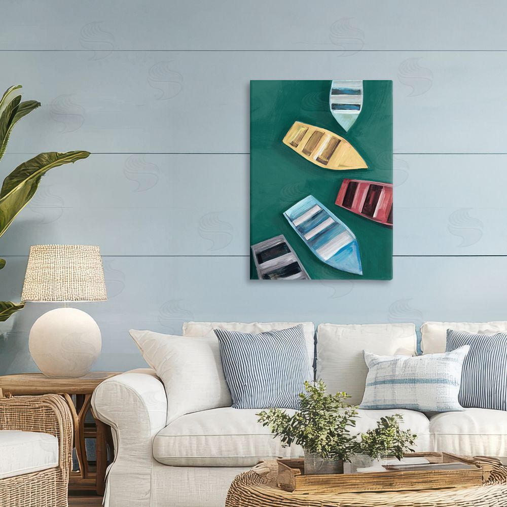 Hannah Dawson Colorful Drifting Rowboats Printed Wall Art in Room