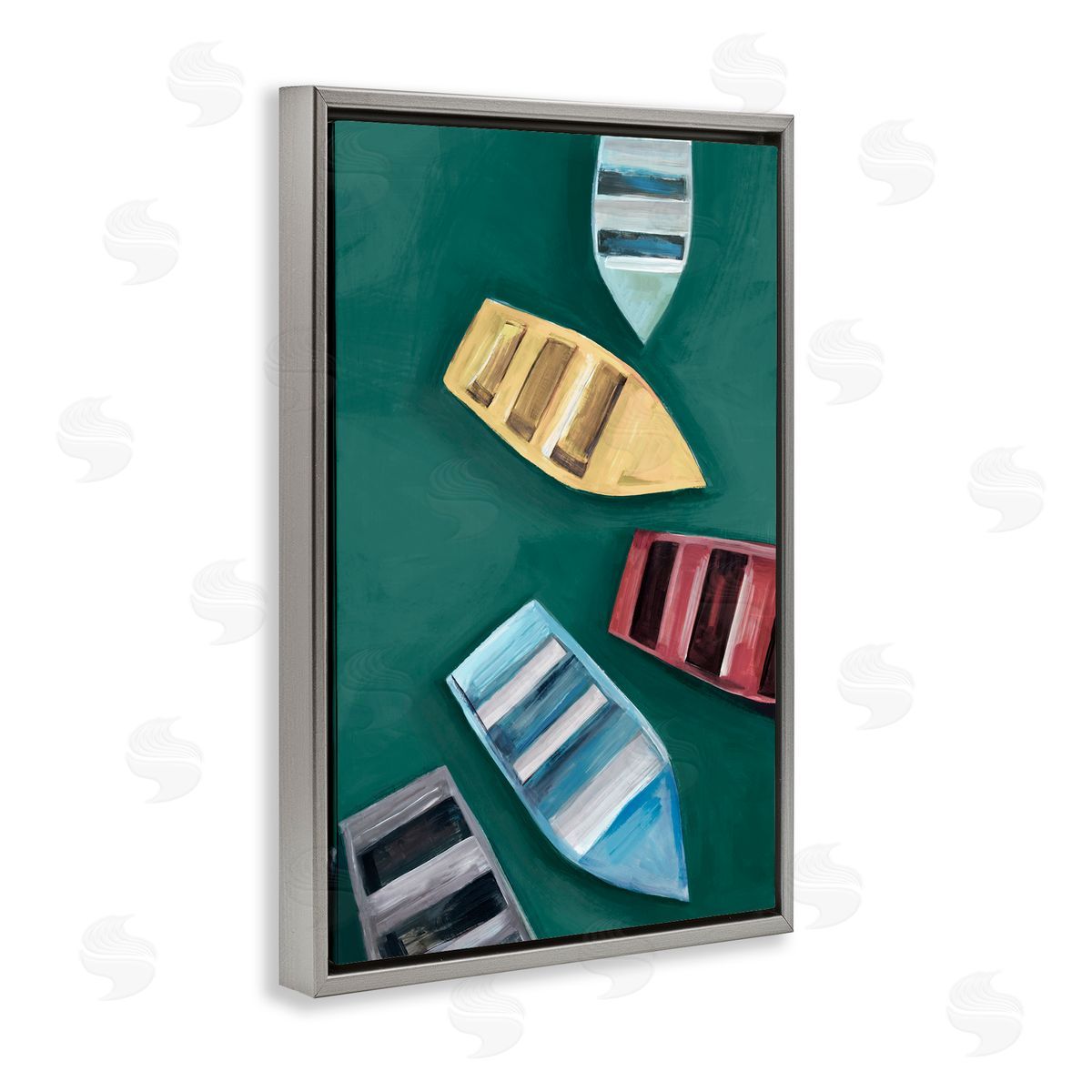 Hannah Dawson Colorful Drifting Rowboats Gray Floating Frame Canvas Art Print