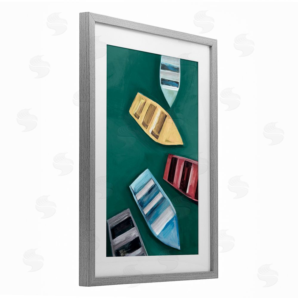 Hannah Dawson Colorful Drifting Rowboats Gray Framed Print Under Glass Art