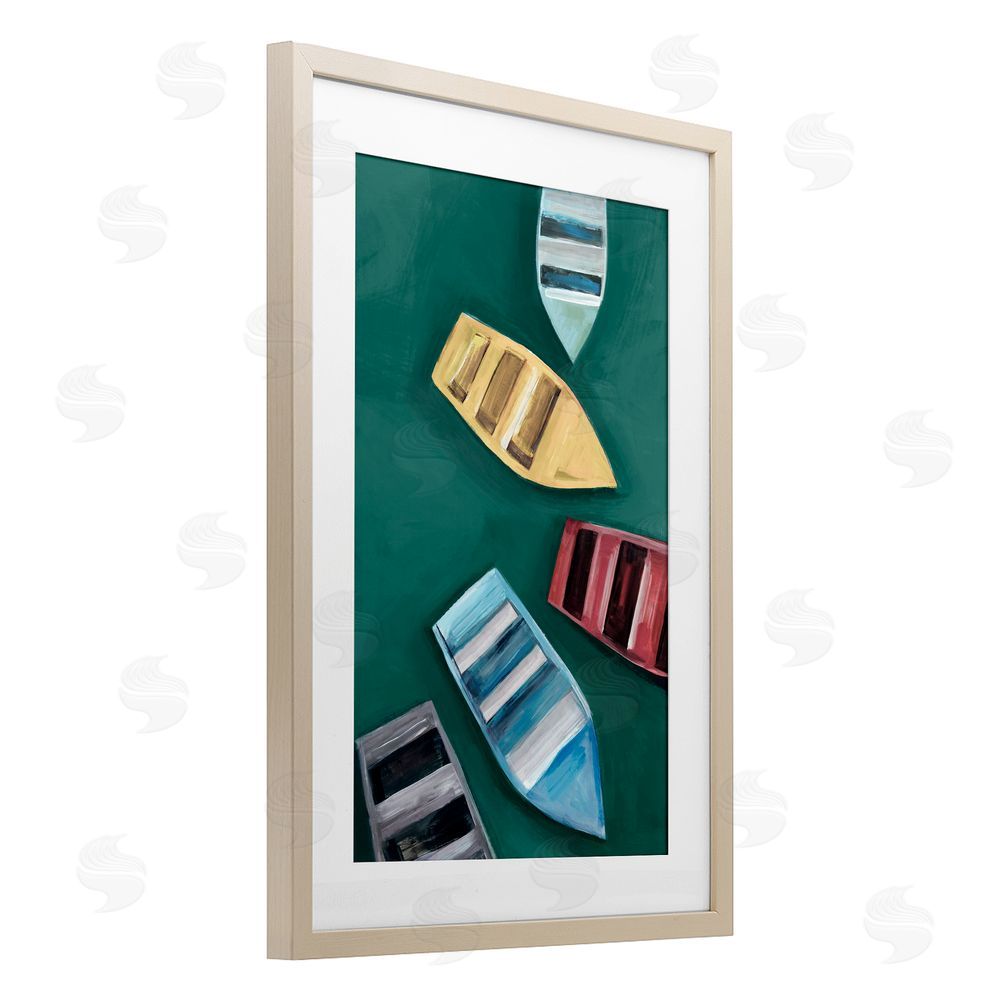 Hannah Dawson Colorful Drifting Rowboats Birch Framed Print Under Glass Art