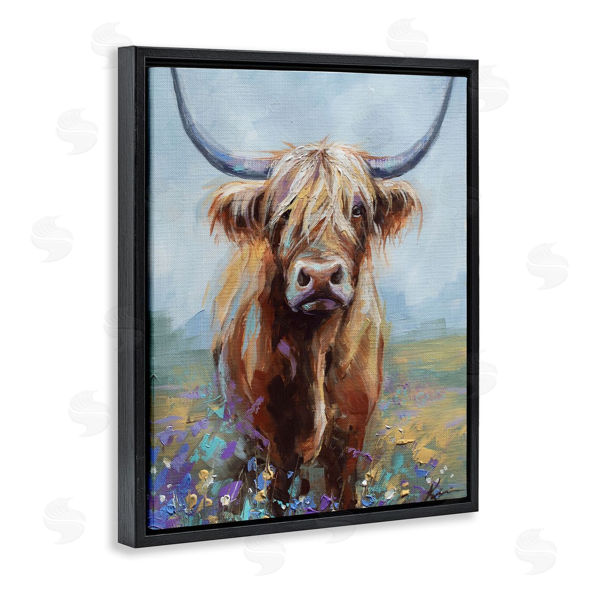 Lindsay Kivi Fine Art Highland Cow with Daubed Flowers Canvas Wall Art Print