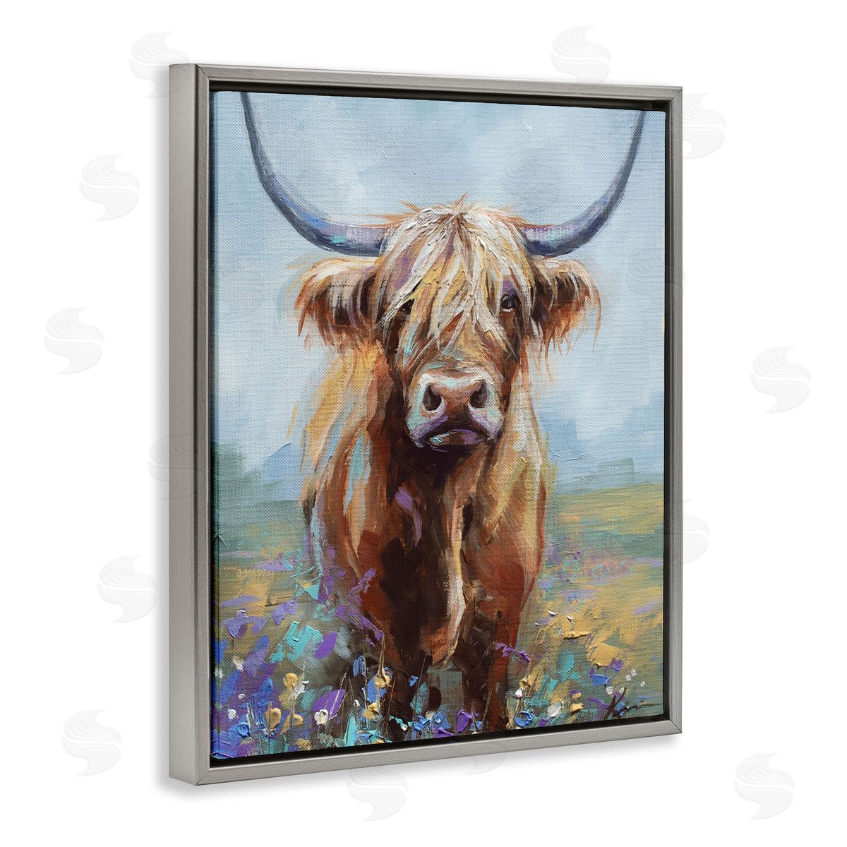Lindsay Kivi Fine Art Highland Cow with Daubed Flowers Canvas Wall Art Print