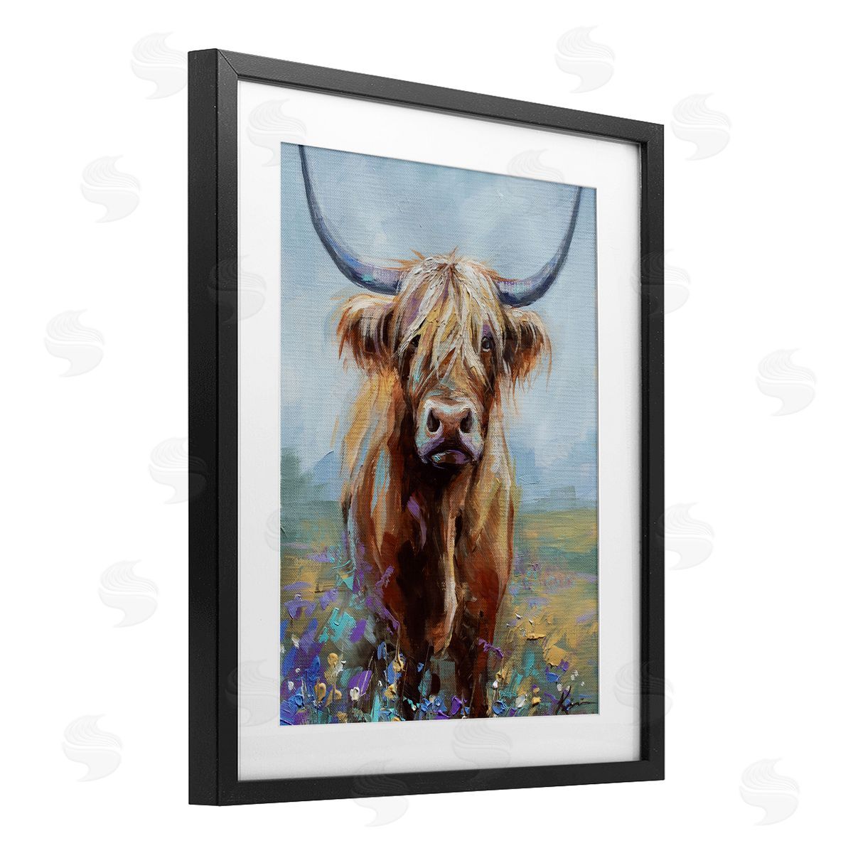 Lindsay Kivi Fine Art Highland Cow with Daubed Flowers Canvas Wall Art Print