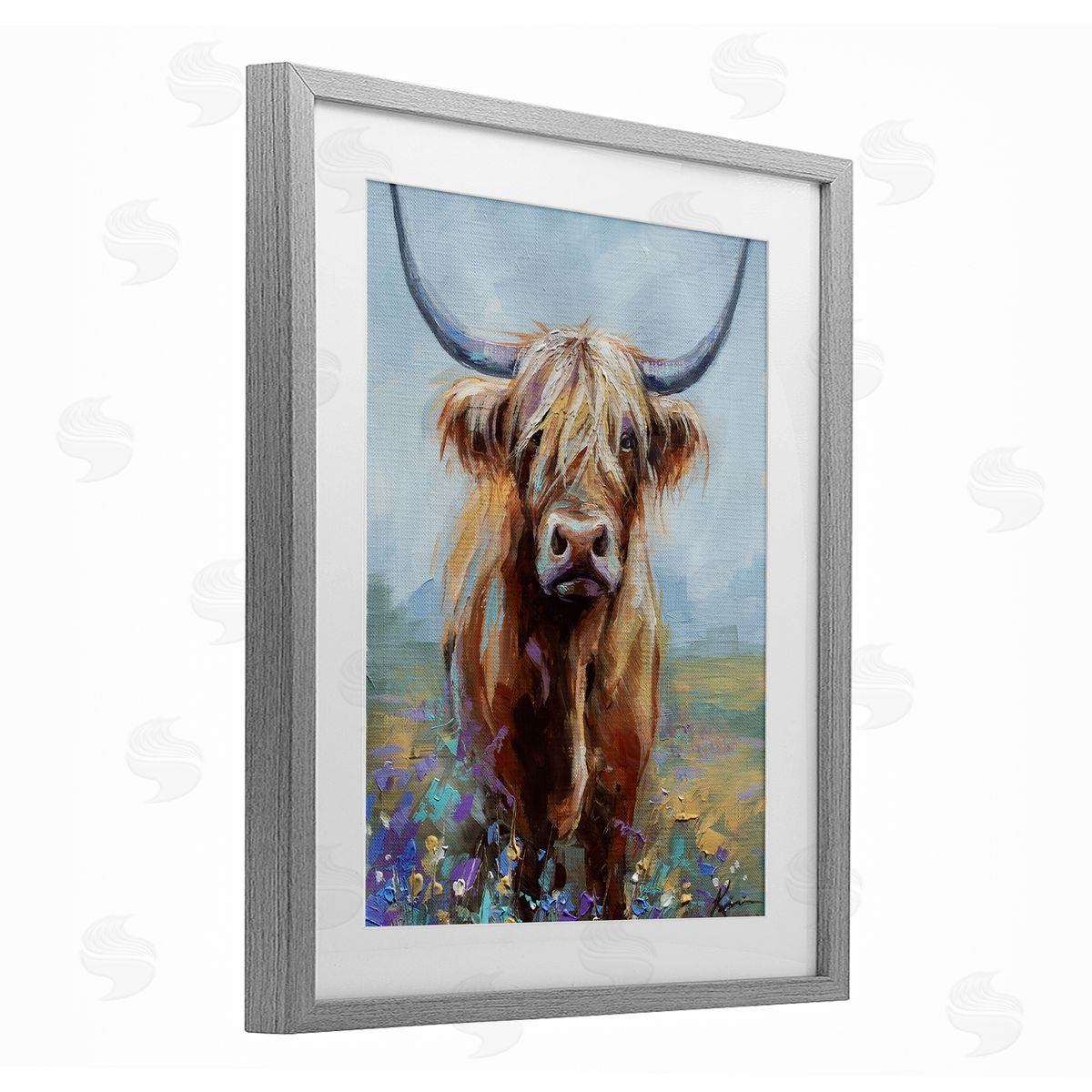 Lindsay Kivi Fine Art Highland Cow with Daubed Flowers Canvas Wall Art Print