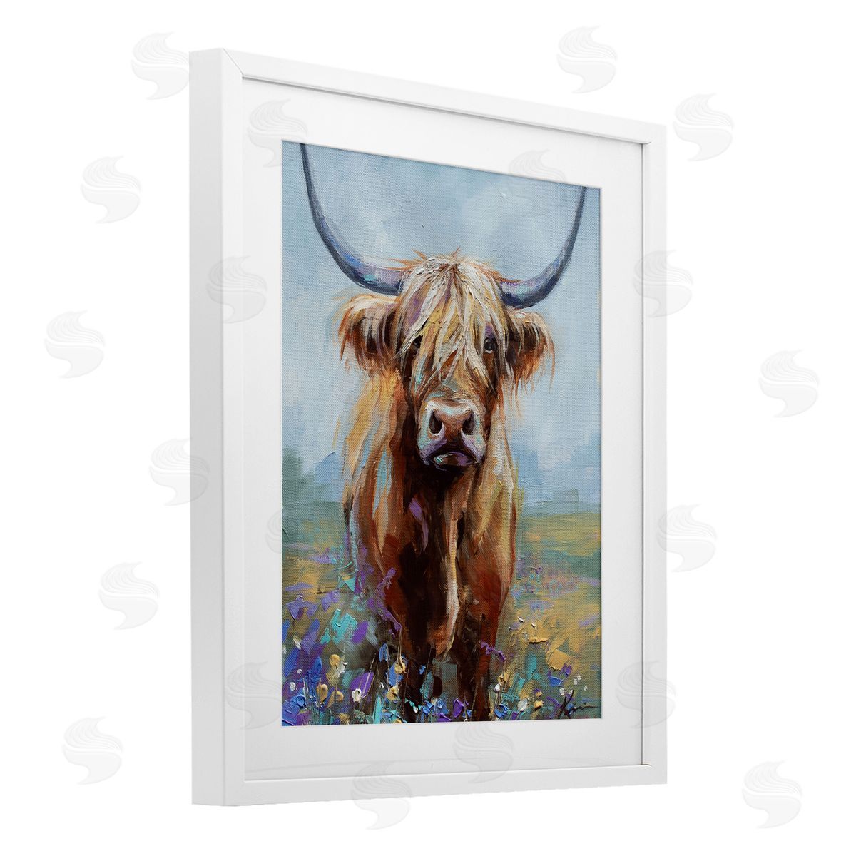 Lindsay Kivi Fine Art Highland Cow with Daubed Flowers Canvas Wall Art Print