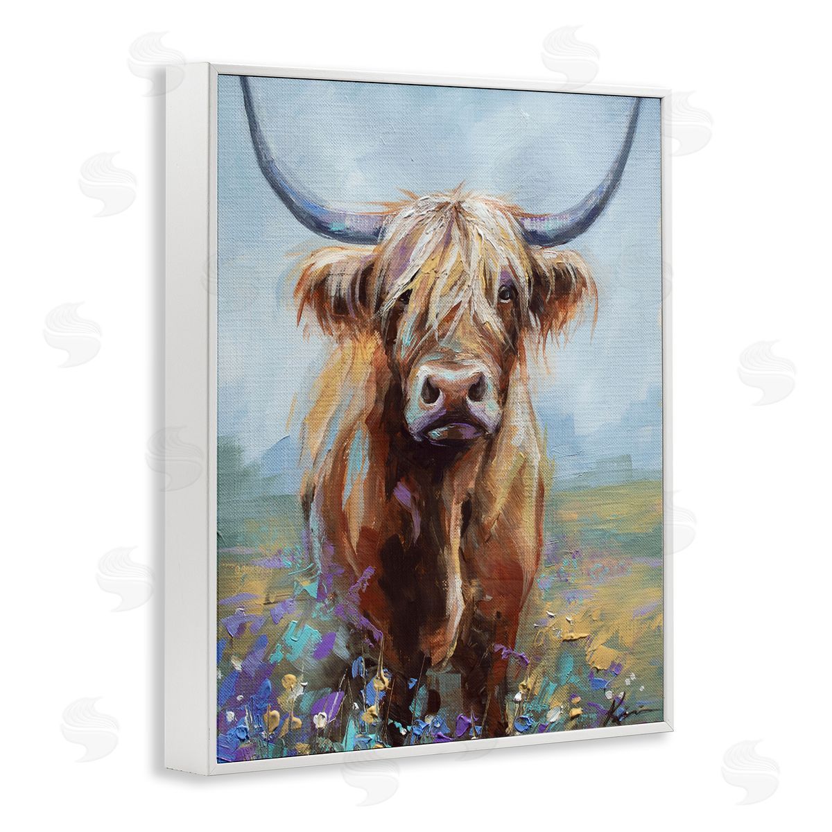 Lindsay Kivi Fine Art Highland Cow with Daubed Flowers Canvas Wall Art Print
