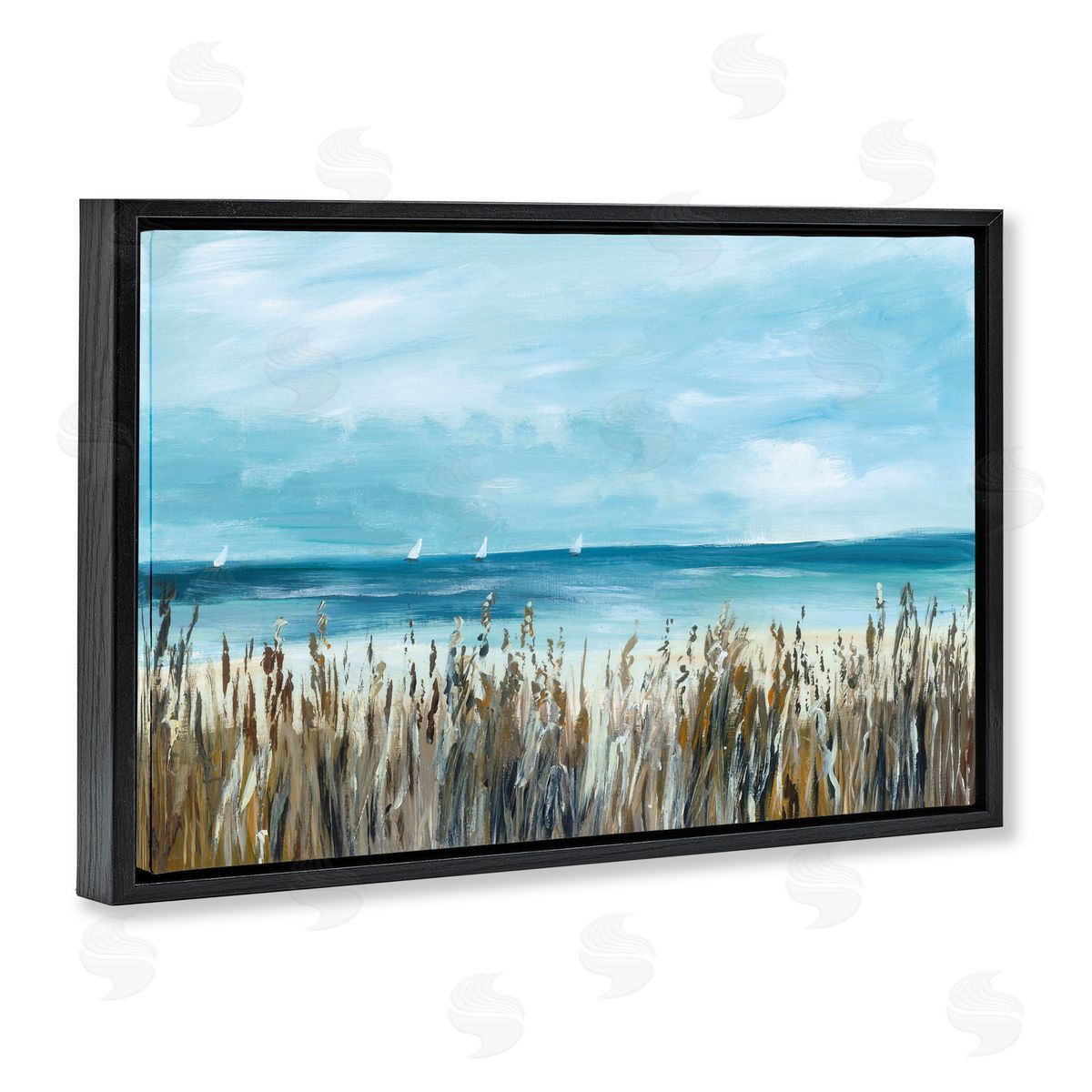 Georgie Harrison Sea Grasses & Distant Boats Black Floating Frame Canvas Wall Art Print