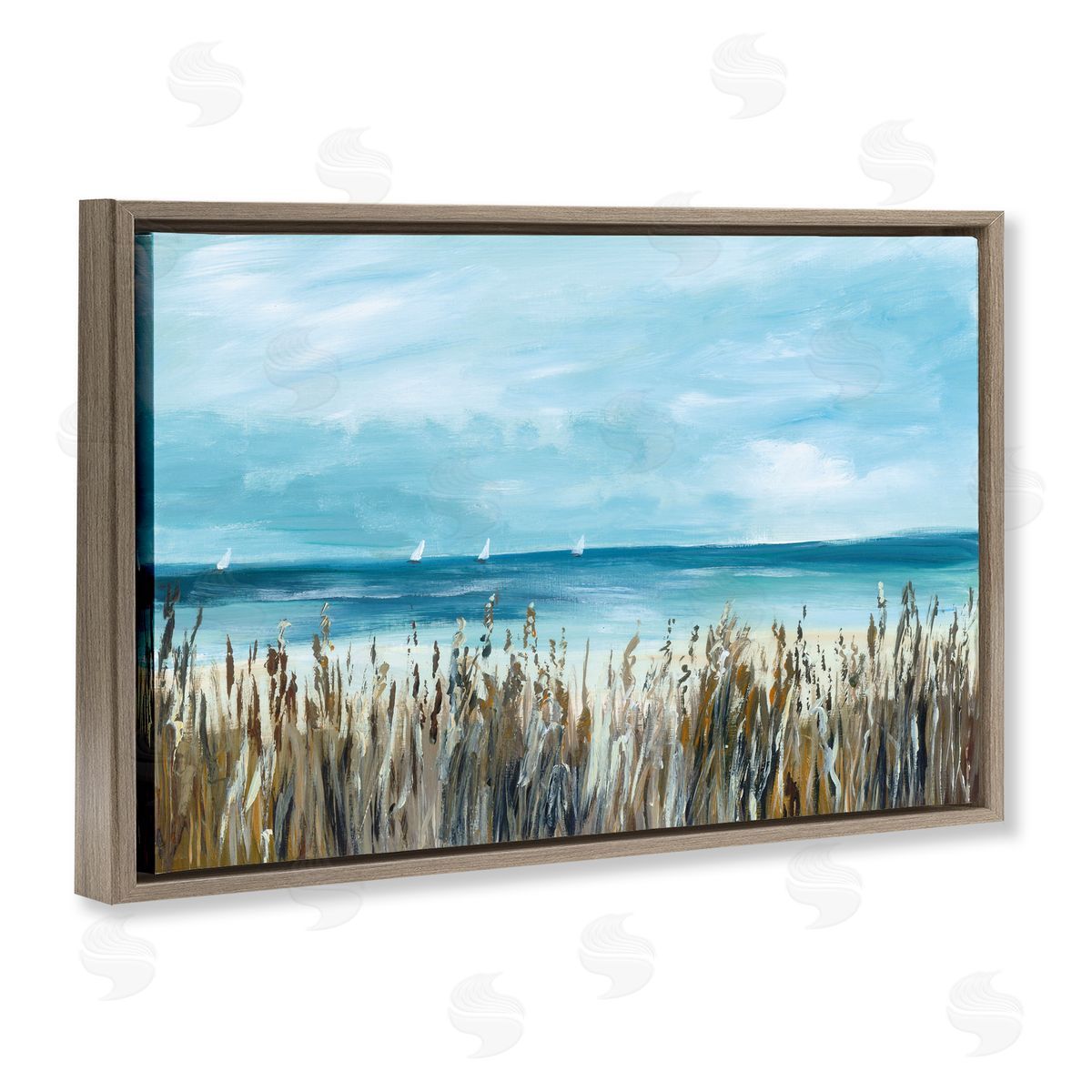 Georgie Harrison Sea Grasses & Distant Boats Brown Floating Frame Canvas Art Print