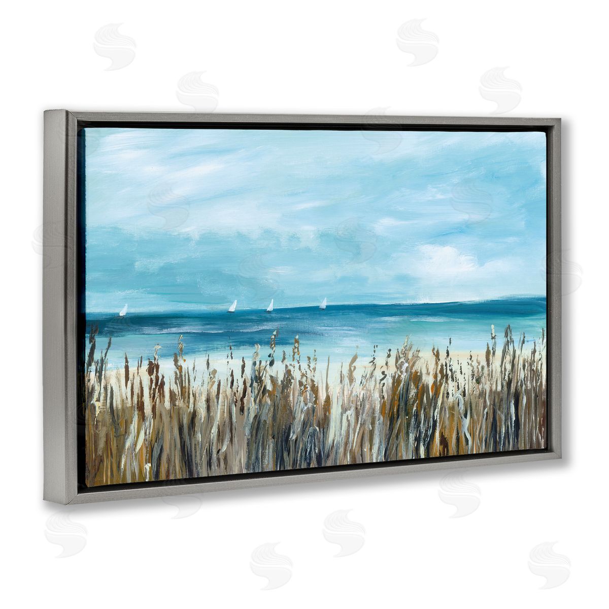 Georgie Harrison Sea Grasses & Distant Boats Gray Floating Frame Canvas Art Print