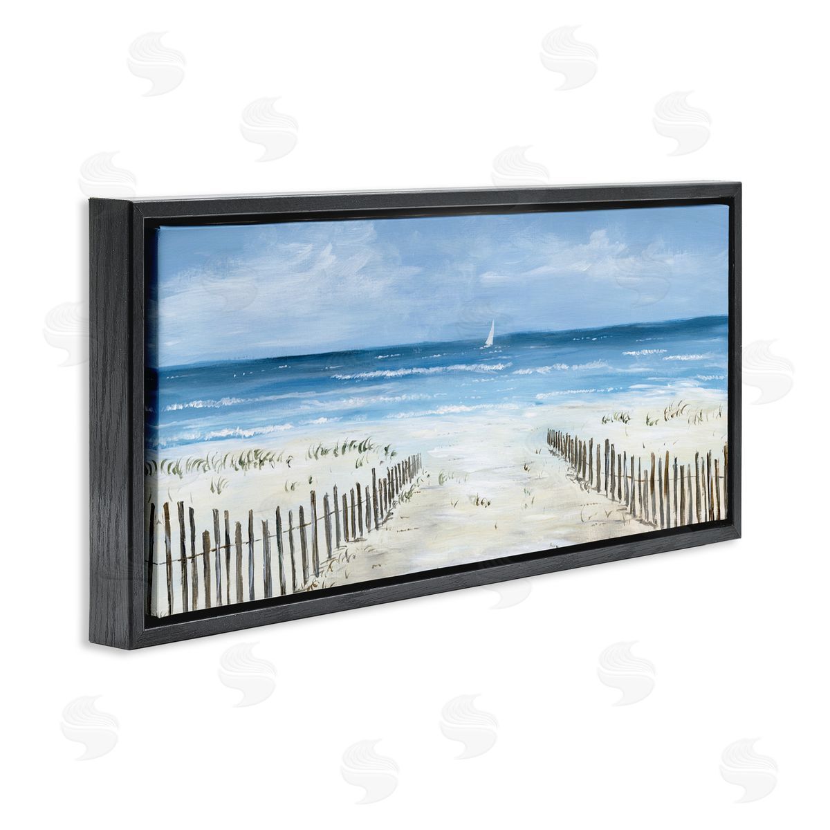 Georgie Harrison Single Sailboat & Beach Fence Black Floating Frame Canvas Wall Art Print
