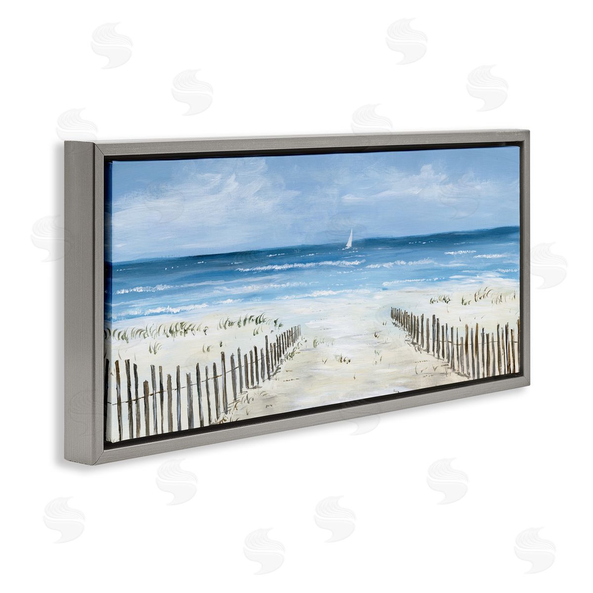 Georgie Harrison Single Sailboat & Beach Fence Gray Floating Frame Canvas Art Print