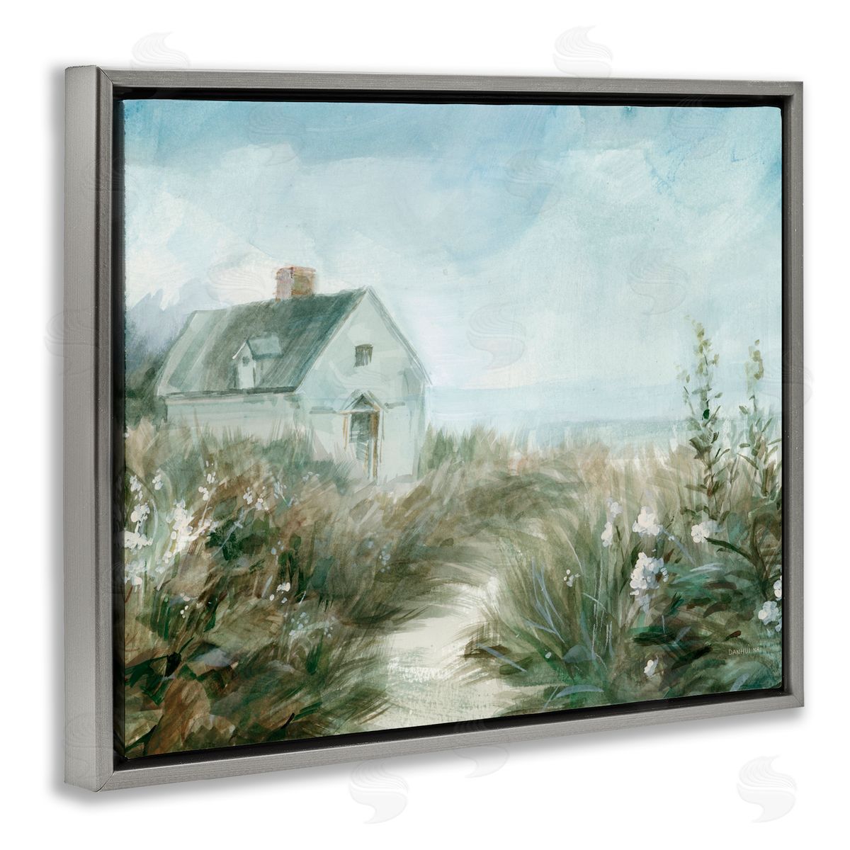 Danhui Nai Windswept Cottage by Sea Gray Floating Frame Canvas Art Print