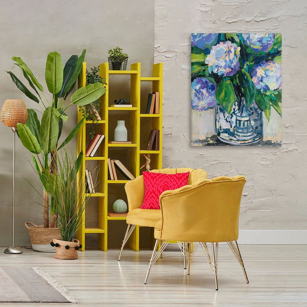 Jeanette Vertentes Blue China Hydrangeas Printed Wall Art in Room