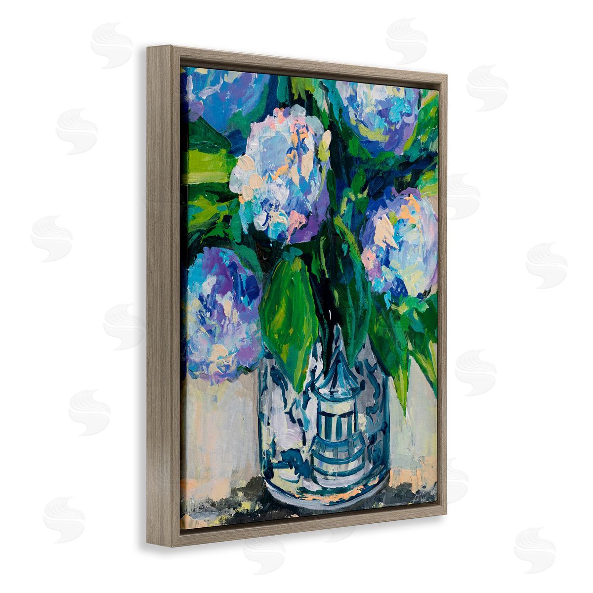 Jeanette Vertentes Blue China Hydrangeas Brown Floating Frame Canvas Art Print