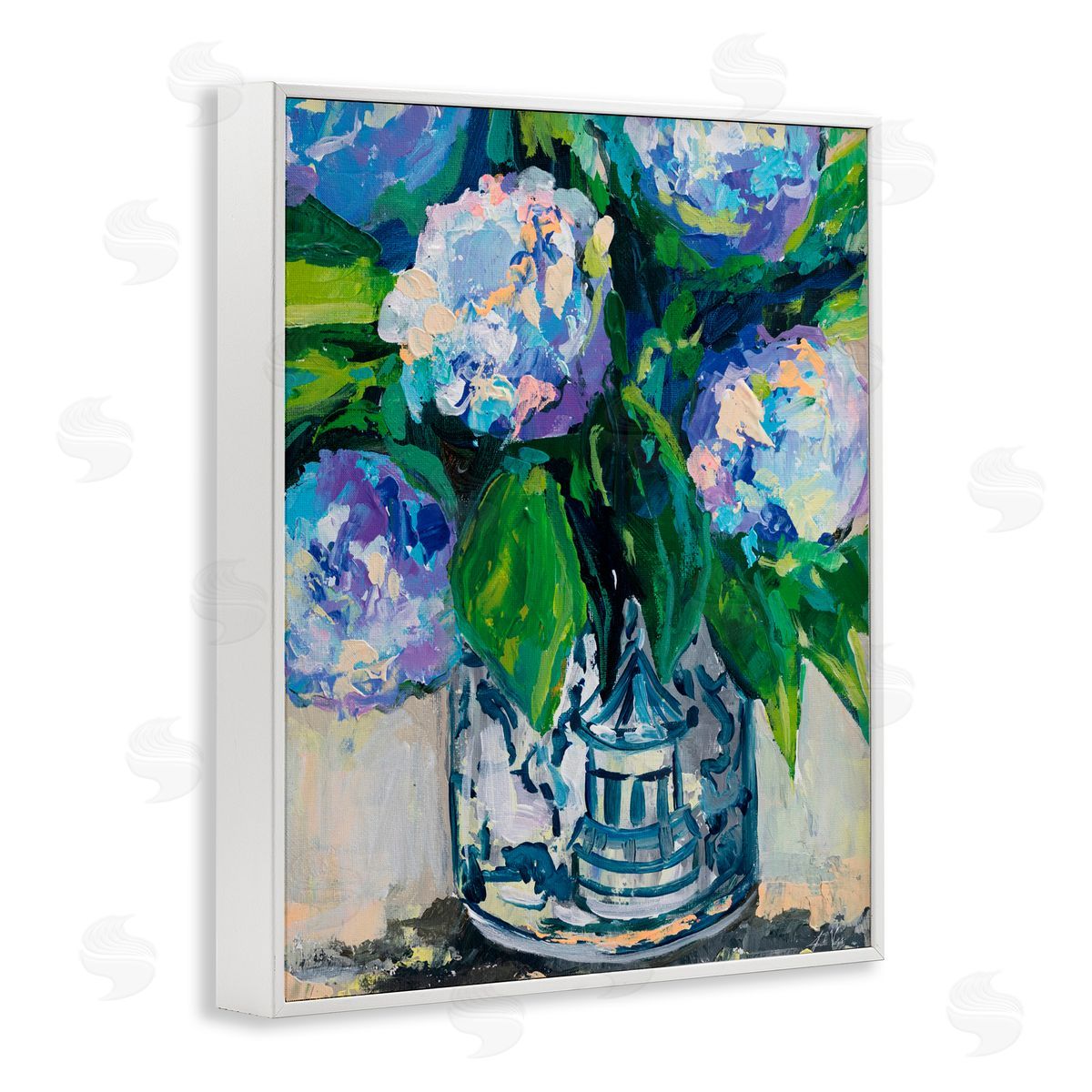 Jeanette Vertentes Blue China Hydrangeas White Frame Giclee Art Print