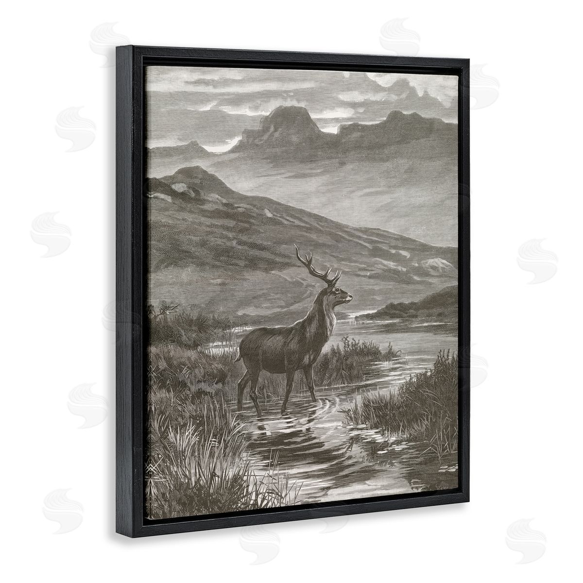 Wild Apple Portfolio Vintage Stag & Mountains Black Floating Frame Canvas Wall Art Print