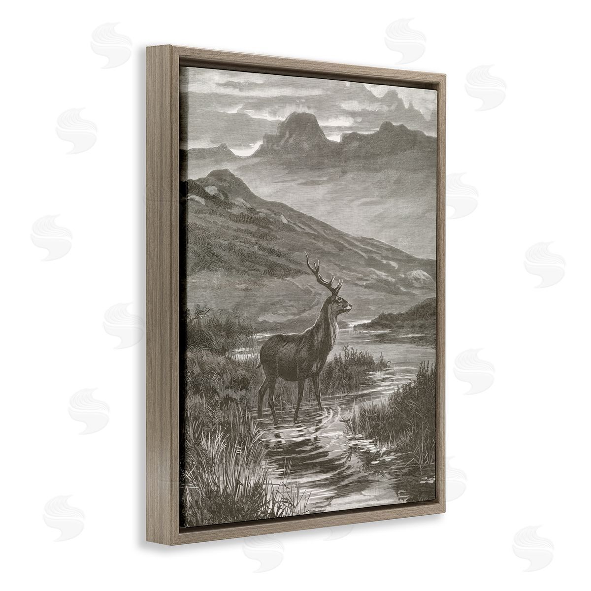 Wild Apple Portfolio Vintage Stag & Mountains Brown Floating Frame Canvas Art Print