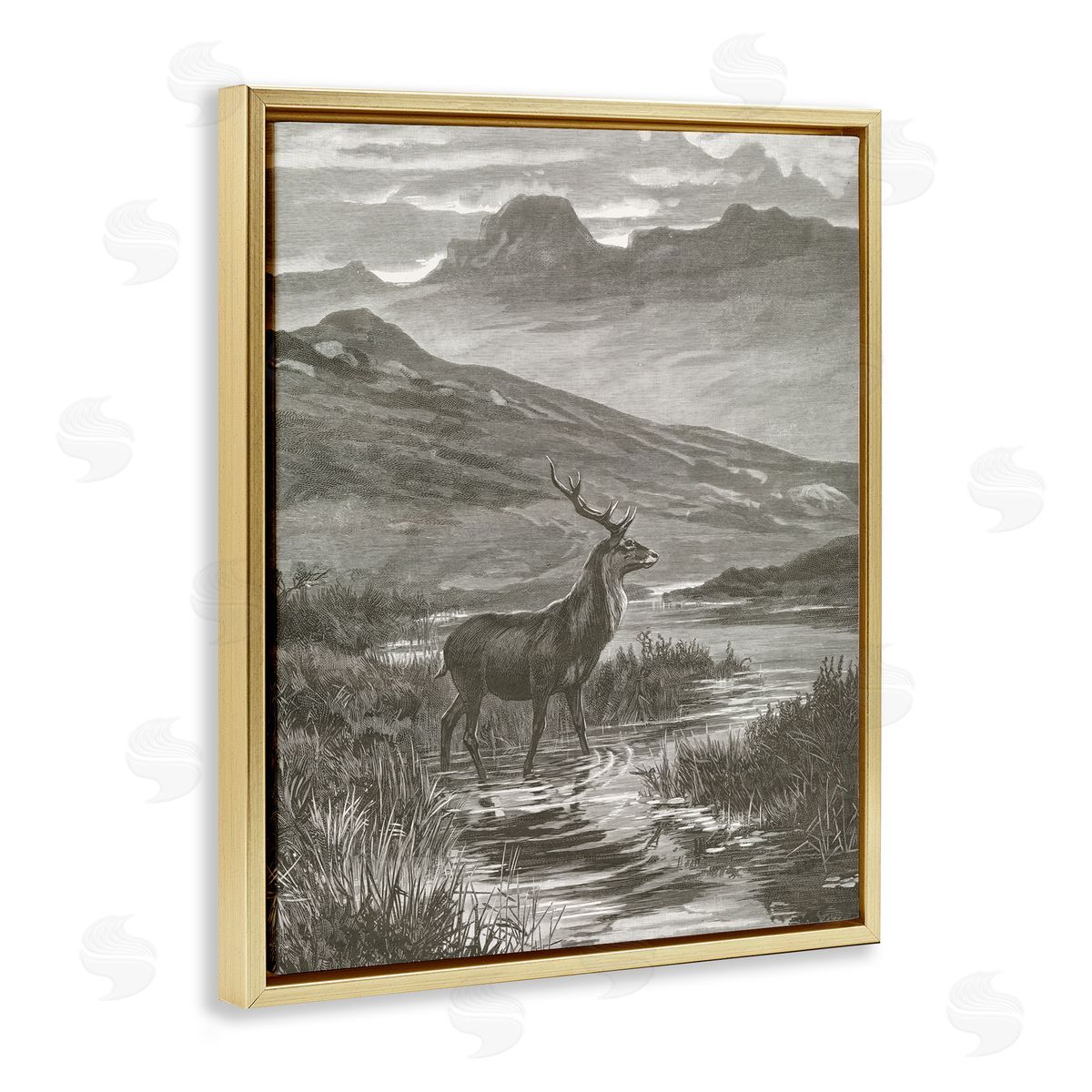 Wild Apple Portfolio Vintage Stag & Mountains Gold Floating Frame Canvas Art Print