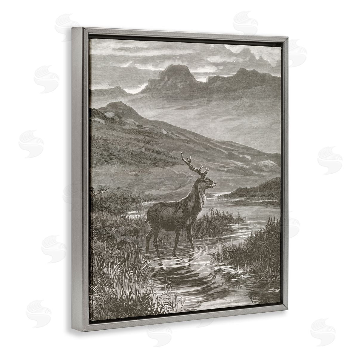 Wild Apple Portfolio Vintage Stag & Mountains Gray Floating Frame Canvas Art Print