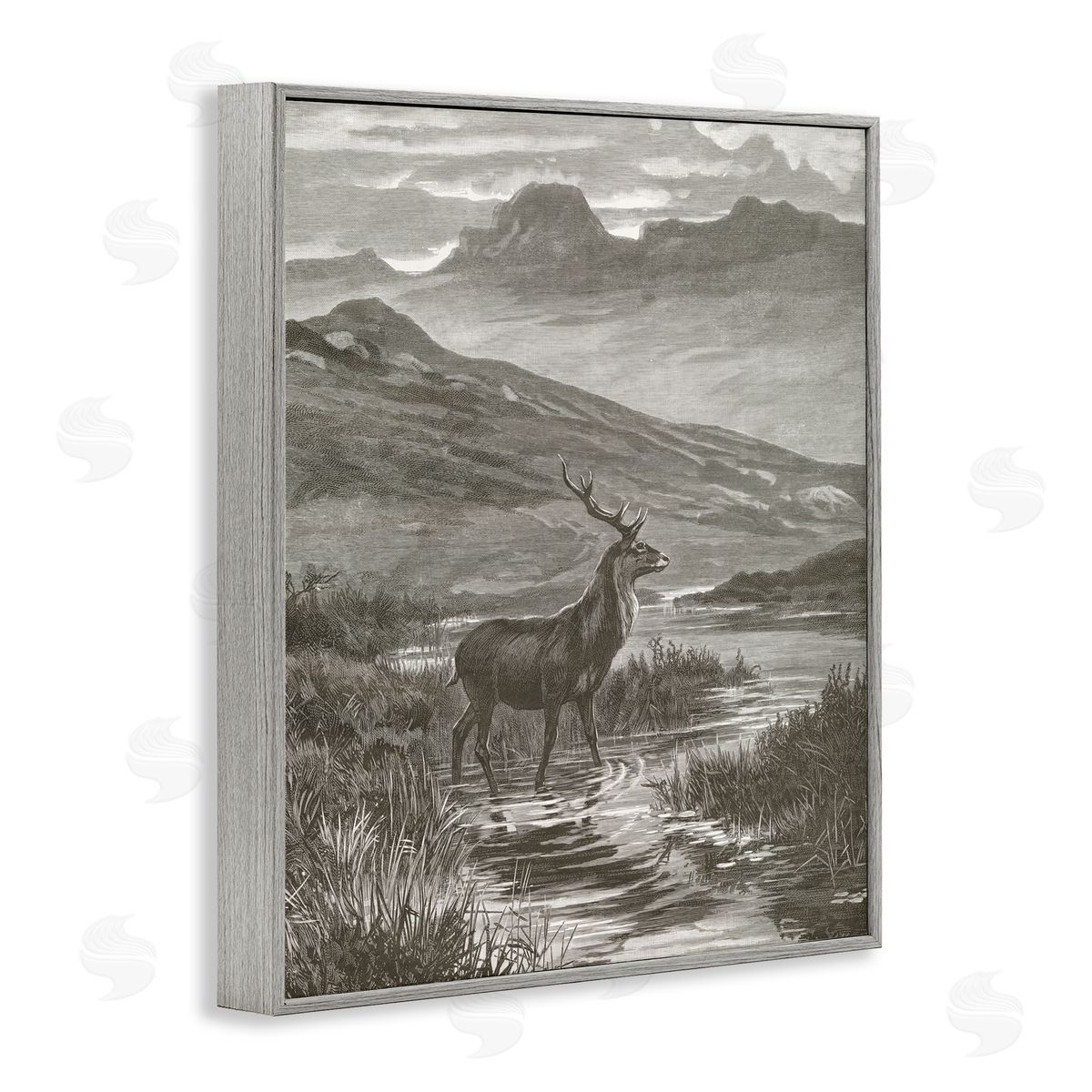 Wild Apple Portfolio Vintage Stag & Mountains Gray Framed Giclee Art Print