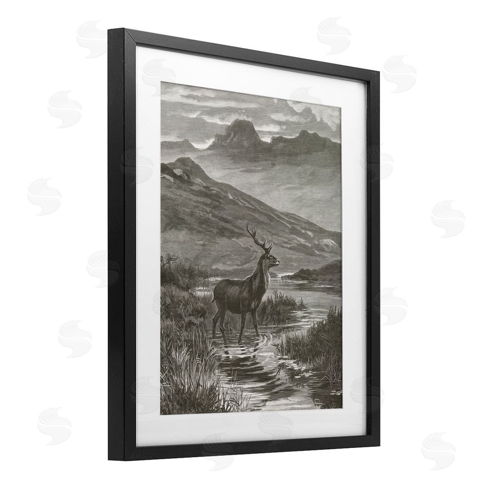 Wild Apple Portfolio Vintage Stag & Mountains Black Framed Print Under Glass Art